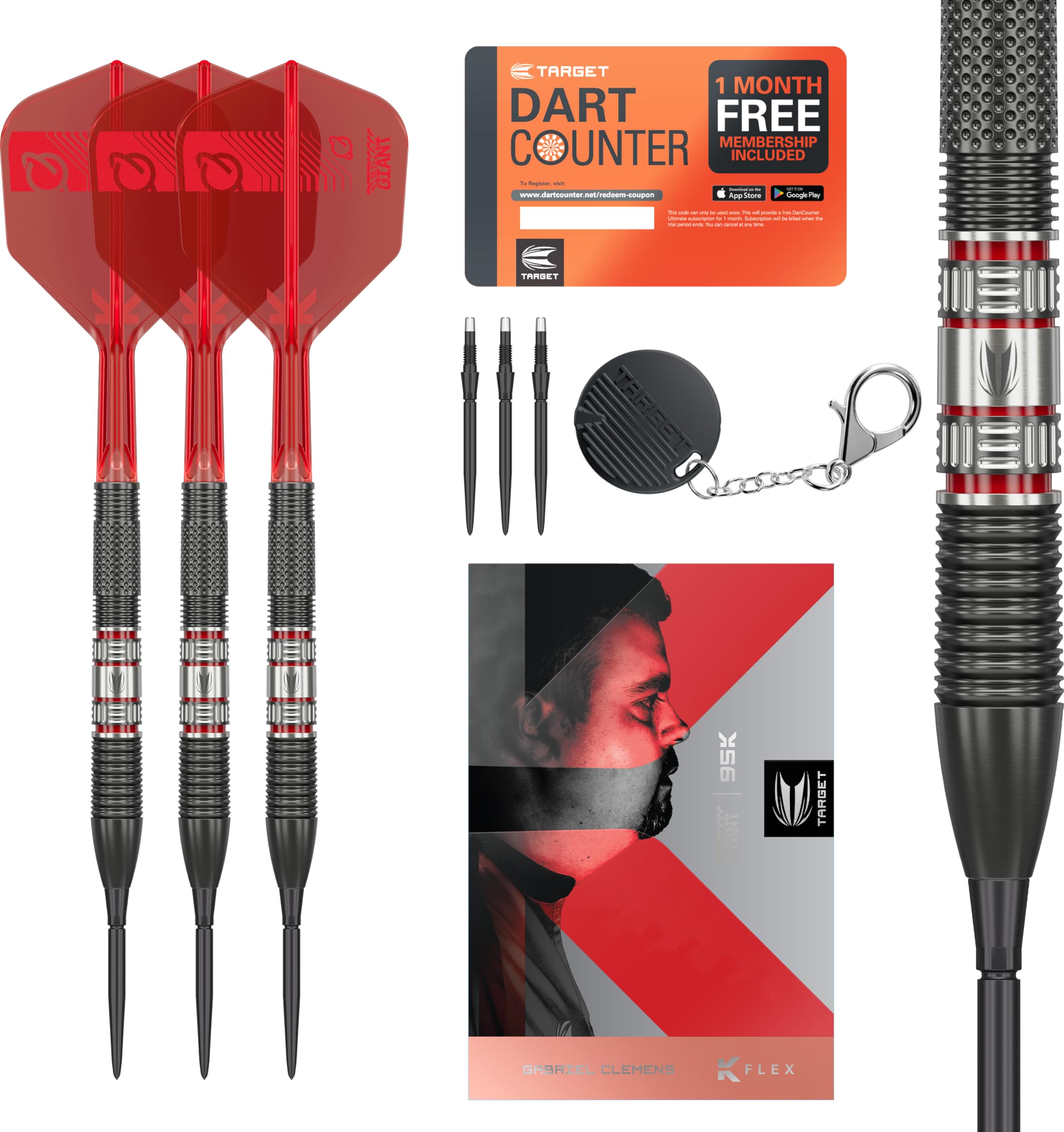 Target Darts Gabriel Clemens 95K Steel Tip Swiss Point Darts, 95% Tungsten Darts with K-Flex Flights, 21G | German Giant Clemens Darts, Player Edition Swiss Points K Flex Dart Set
