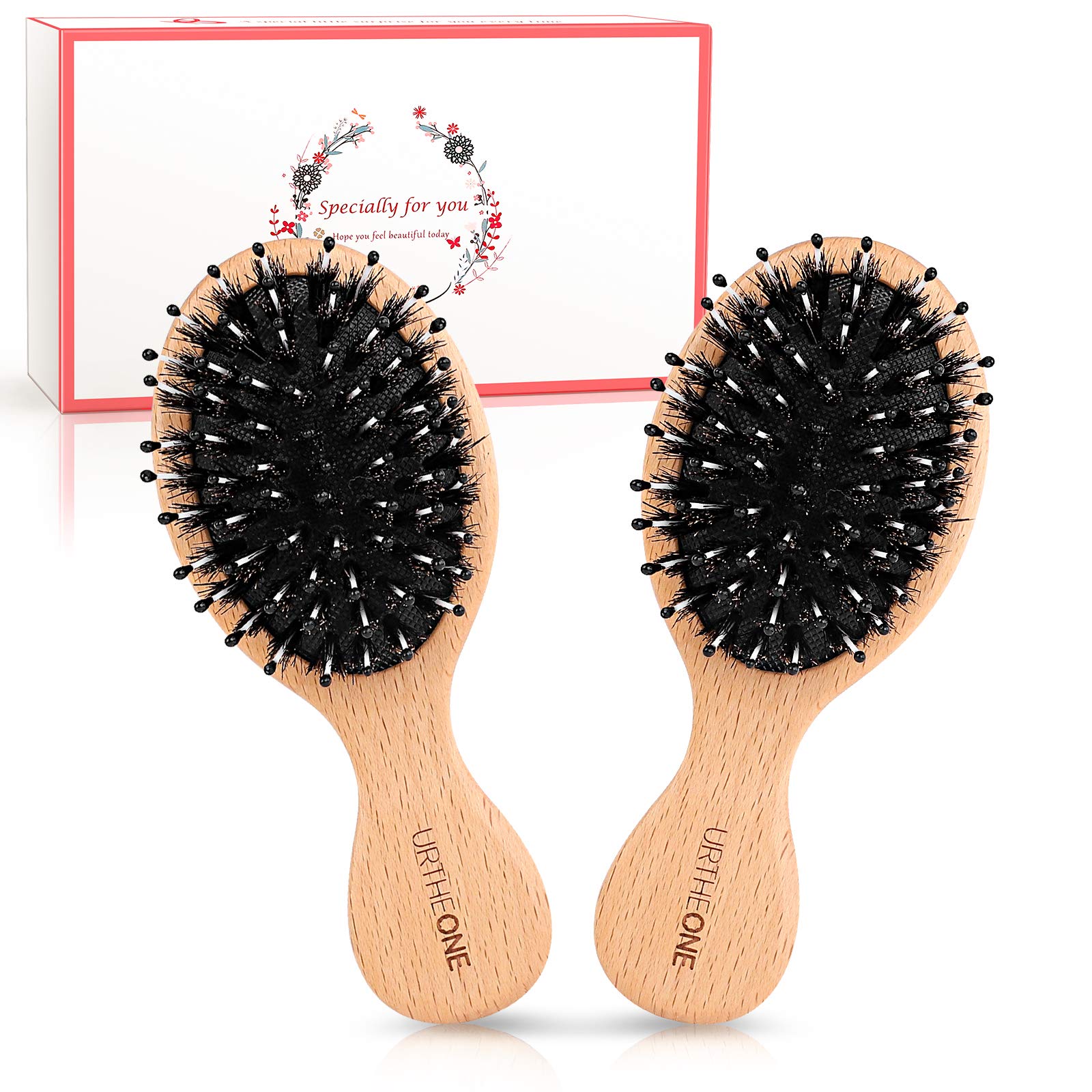 2Pcs Travel/Mini Hair Brush Boar Bristle Hairbrush for Girls Boys Kids Women Men Thick Curly Thin Long Short Dry Hair，Daily Use to add Shine and Improve Texture