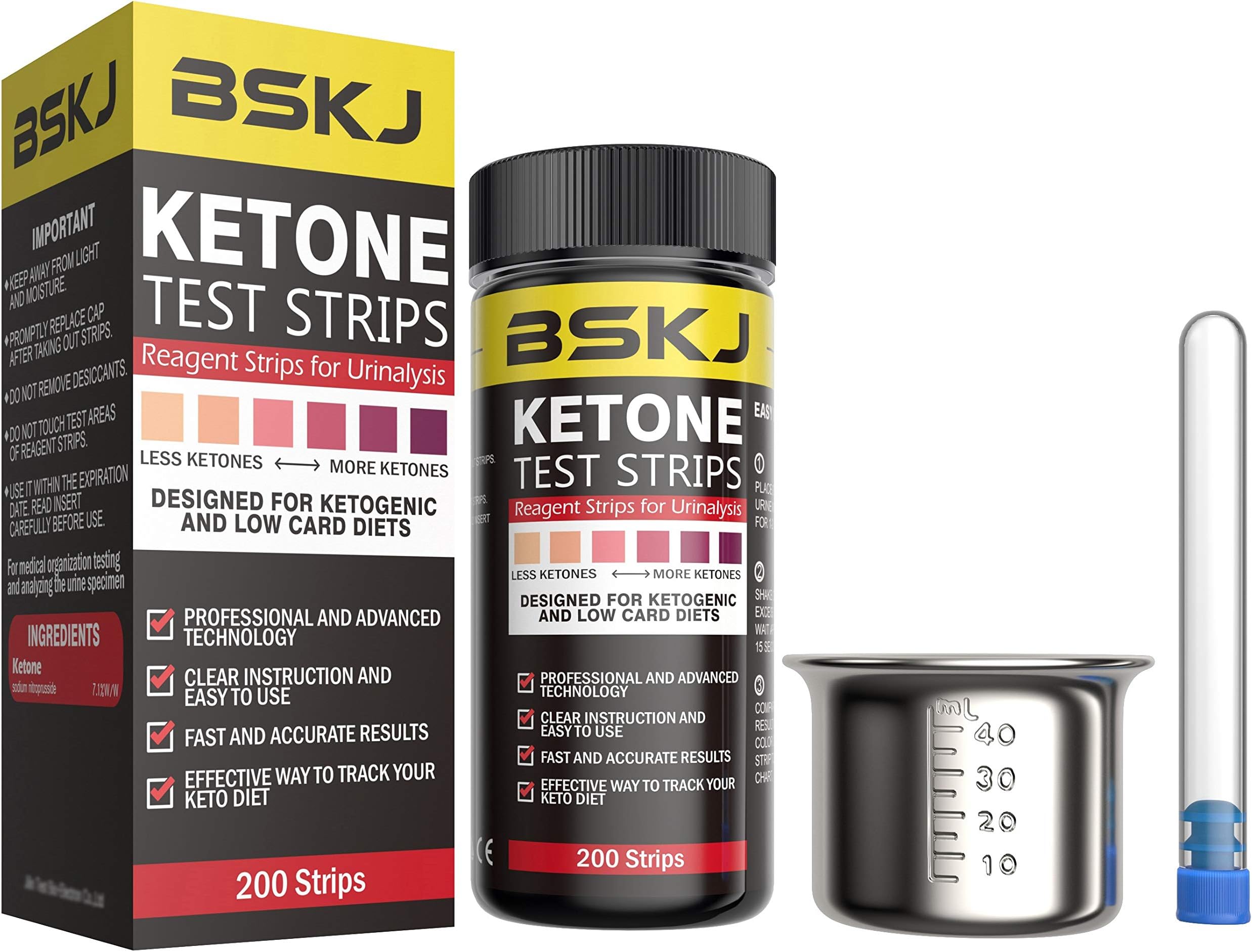 BSKJ Ketone Test Strips 200ct Monitor Ketosis Precise Urine Keto Strips for ketogenic Diet Weightloss and Diabetics Comes with Stainless Steel Urine Cup and Test Tube Storage Bottle