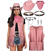 INFLATJOY Cowgirl Costume for Women Retro Fringe Vest Cowboy Outfits Hat Earrings Waist Chain Western Costume