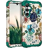 Hocase for Galaxy A16 5G Case, Heavy Duty Shockproof Protection Soft Silicone Rubber Bumper+Hard Plastic Hybrid Protective Case for Samsung Galaxy A16 5G (6.7") 2025 - Teal Flowers