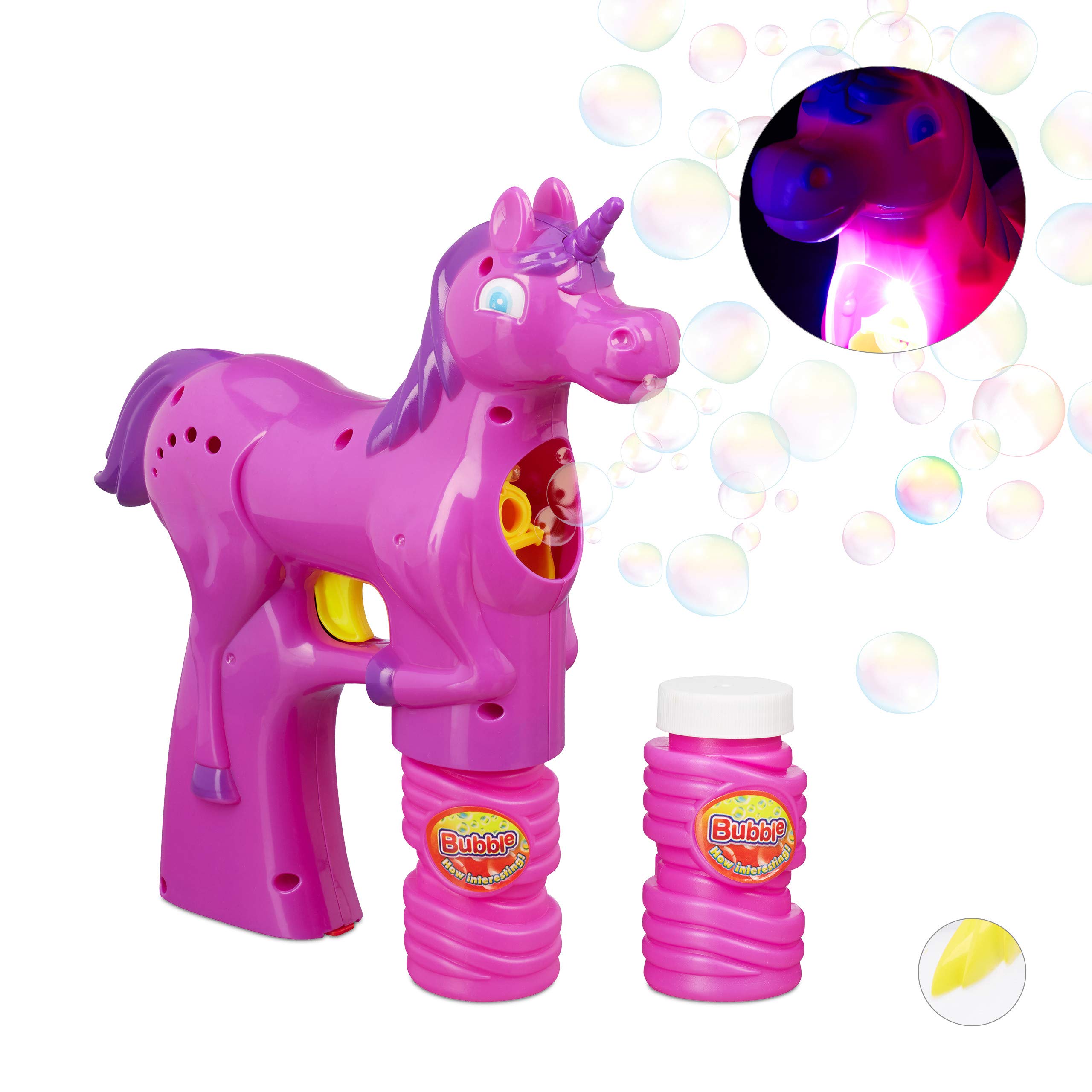 Relaxdays Unicorn Soap Bubble Gun, LED, Battery-Operated with 2x Soap Bubble Liquid, Adults & Children, Pink