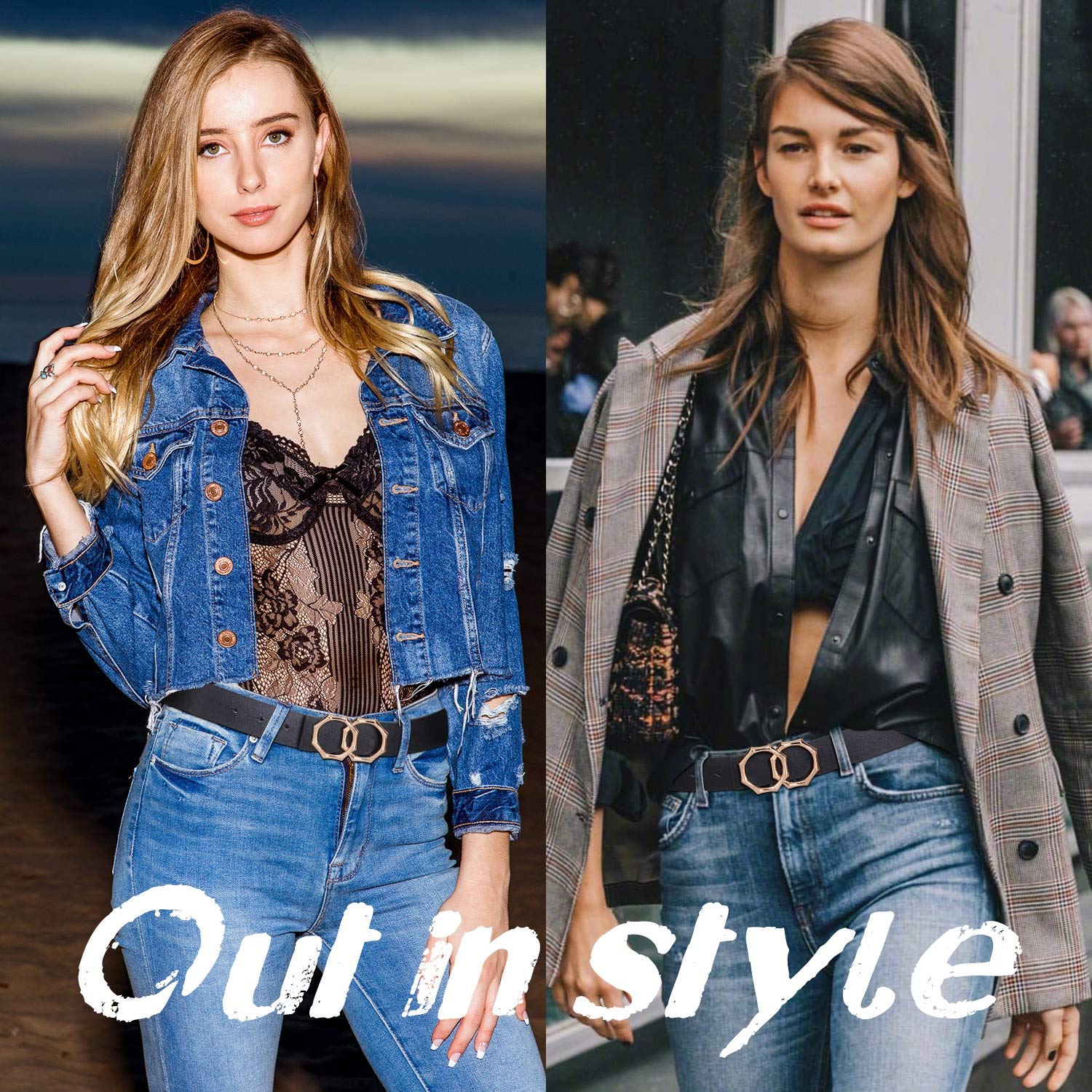 Women Leather Belt Double Ring Black Belt Fashion Golden Designer Buckle Belt for Jeans, Pants, Dresses, Shorts