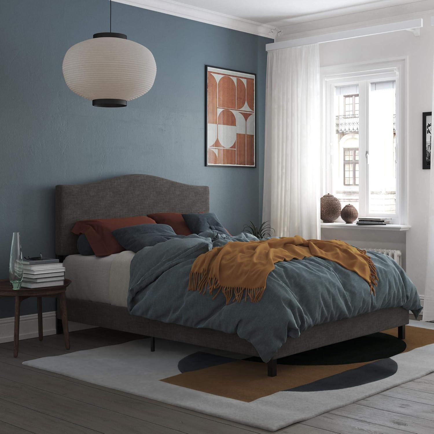 Best Full Size Platform Bed Frame Upholstered Gray Linen Headboard With Wood Slats