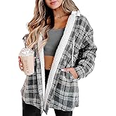 Merryfun Womens Plaid Shacket Jacket Sherpa Lined Flannel Jackets Oversized Button Up Fleece Hooded Warm Coat