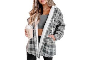 Merryfun Womens Plaid Shacket Jacket Sherpa Lined Flannel Jackets Oversized Button Up Fleece Hooded Warm Coat