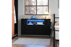 CollaredEagle 10-Drawer Dresser with Charging Station, Storage Drawers with LED, TV Stand for up to 55inch TV, Fabric Chest of Drawers for Closet, Living Room,Entryway, Bedroom, Black