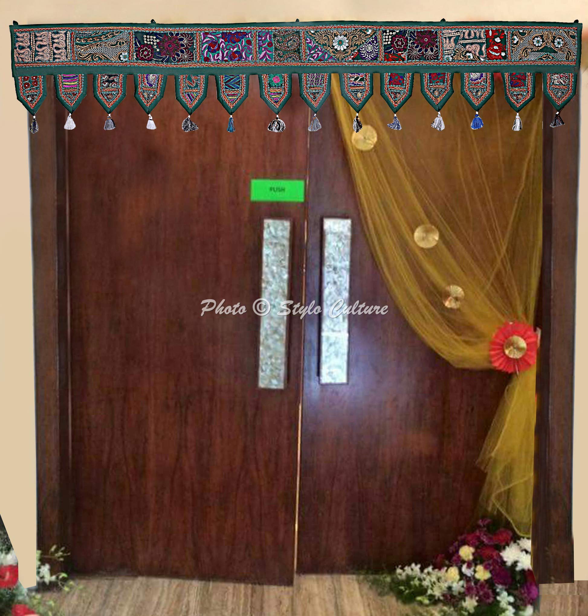 Stylo Culture Decorative Cotton Long Valances For Windows Dark Green Vintage Embroidered Patchwork Tassels Floral Scarf Curtain Topper Bedroom Large Door Hanging Toran | 78 x 12 Inches