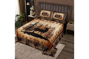 Castle Fairy Deer Bear Plaid Quilt Bedding Set Queen Size,Animal Hunting Bear Print Bedspread Coverlet for Girls Teens,Pine Trees Rustic Retro Grid Soft Polyester Quilt Set, All Season