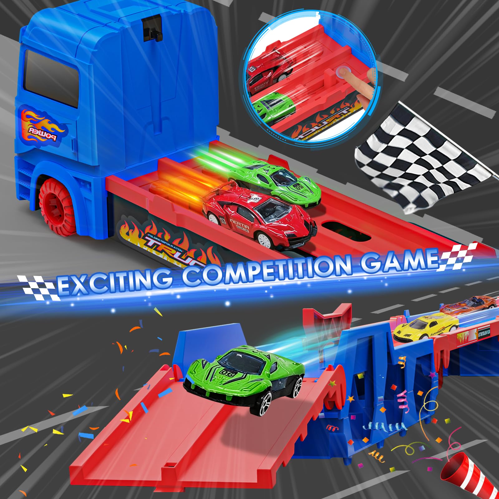 maysida Transport Truck Spielzeugautos für Jungen 3, 4, 5, 6 Jahren, 165cm&Faltbare Rennbahn Truck mit 10 Autos Spielzeug-4 Rückziehautos&6 Rennautos, Transporter Spielzeug-Kinder Geschenke für jungen 3