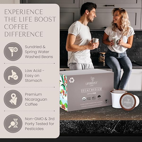 LIFEBOOST ORGANIC DECAF COFFEE K CUPS – LOW ACID SINGLE ORIGIN NON-GMO MOLD FREE DECAF COFFEE PODS COMPATIBLE WITH KEURIG & KEURIG 2 – THIRD PARTY TESTED FOR MYCOTOXINS AND PESTICIDES – 10 COUNT