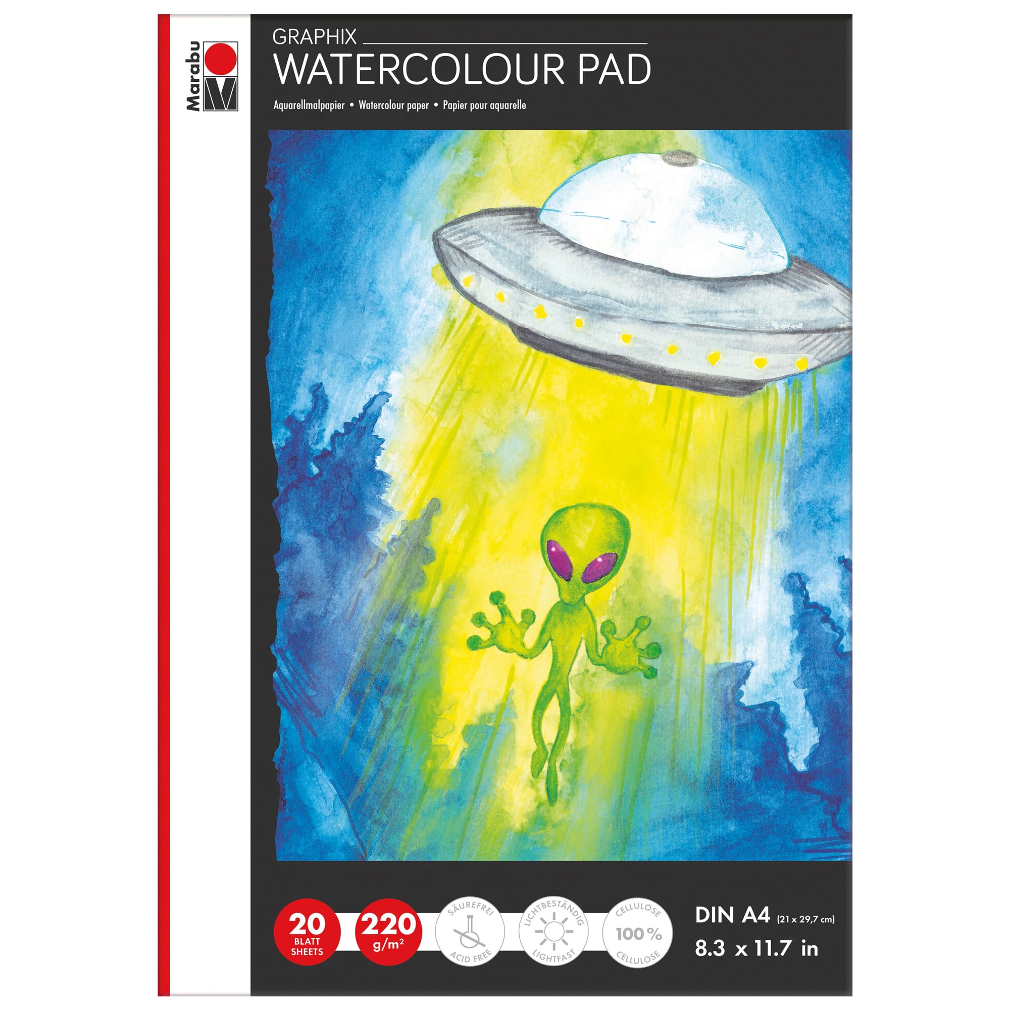 Marabu Aqua Graphix Pad DIN A4 20 Sheets 220 g/m² Natural White Fine Grain Matte Acid and Ageing Resistant for All Watercolour Techniques