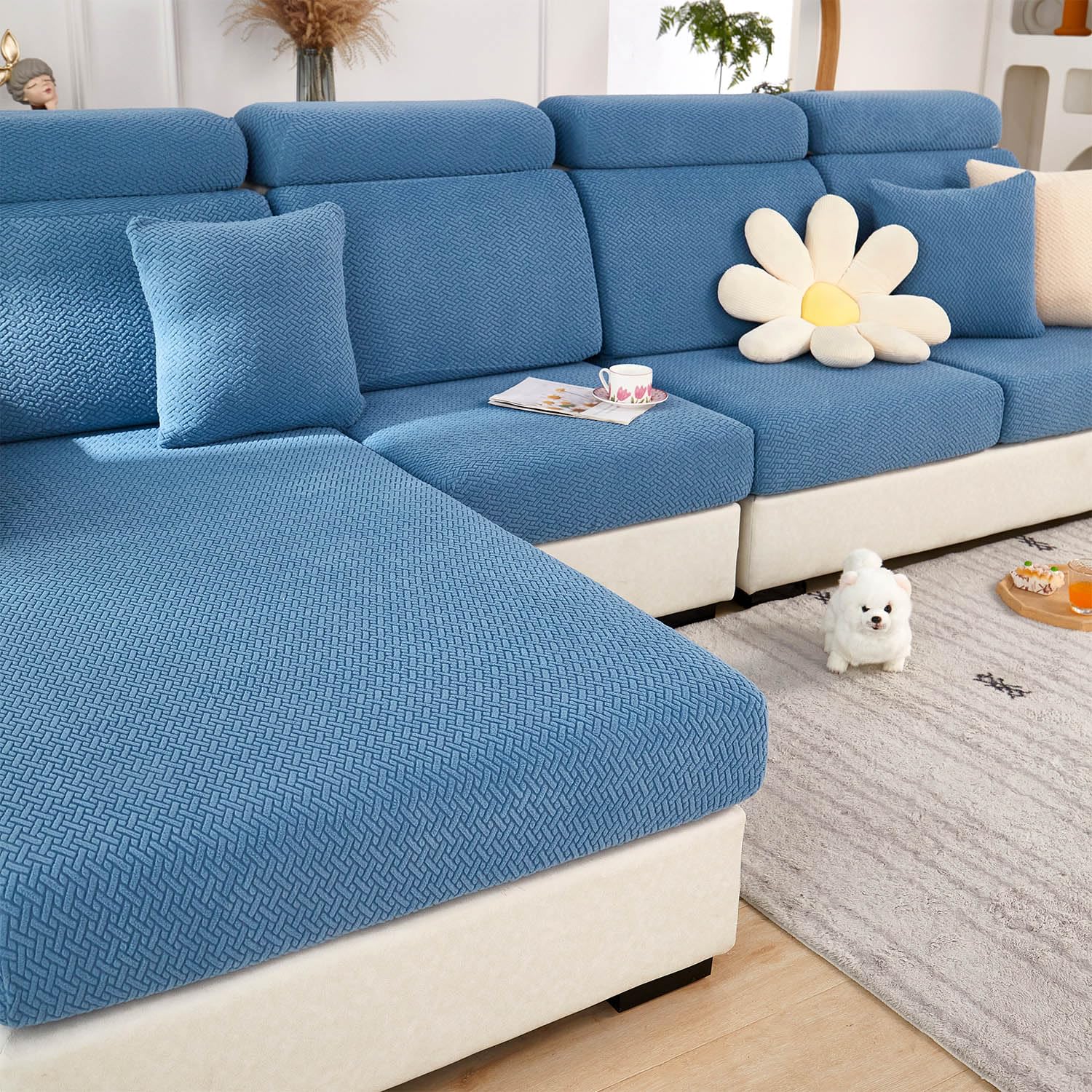 Photo 1 of 1pcs---Disayu Sofa Covers Couch Covers for Sofa Pet Friendly Couch Cushion Covers Universal Sofa Covers Washable Stretch Slipcovers for Sectional Sofa (Texture Blue,Back Cover L)