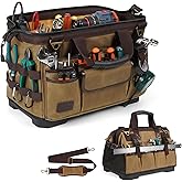 ARCFOX 16 Inch Large Electrician Tool Bags for Men Heavy Duty, 31 Pockets Vintage Waxed Canvas Tool Bag Storage Organizer with Waterproof Hard Bottom, Wide Mouth Portable Tool Bag for Mechanic,Plumber