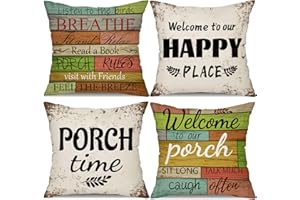 DFXSZ Summer Retro Outdoor Throw Pillow Covers 18x18 Inch Set of 4 Welcome to Our Porch Sign and Breathe Letter Decor Pillow Covers for Swing Garden Hammock Chair Sofa
