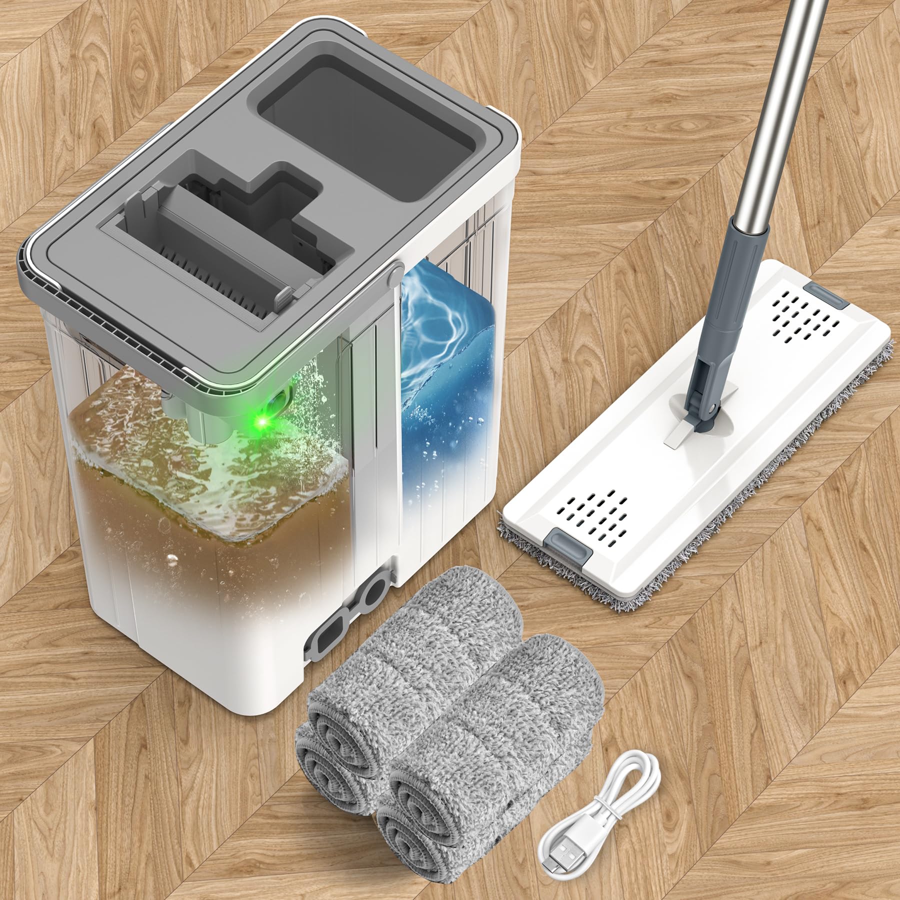Photo 1 of Mop and Bucket Set with AUTO Pump, 3-Zone Separate Dirty and Clean Water Floor Mop, Flat Mop and Bucket System with Wheels and Wringer, 4 Reusable Pads, One-Touch Water Filling for Floor Cleaning