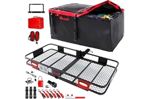 Mockins XXL 70"x30"x6" Folding Trailer Hitch Cargo Carrier w/Rear Lights, License Plate Bracket & 40 Cu Ft Waterproof Cargo Bag for Hitch Carrier | 500 Lbs Cap Car Trailer Basket Set w/Accessories