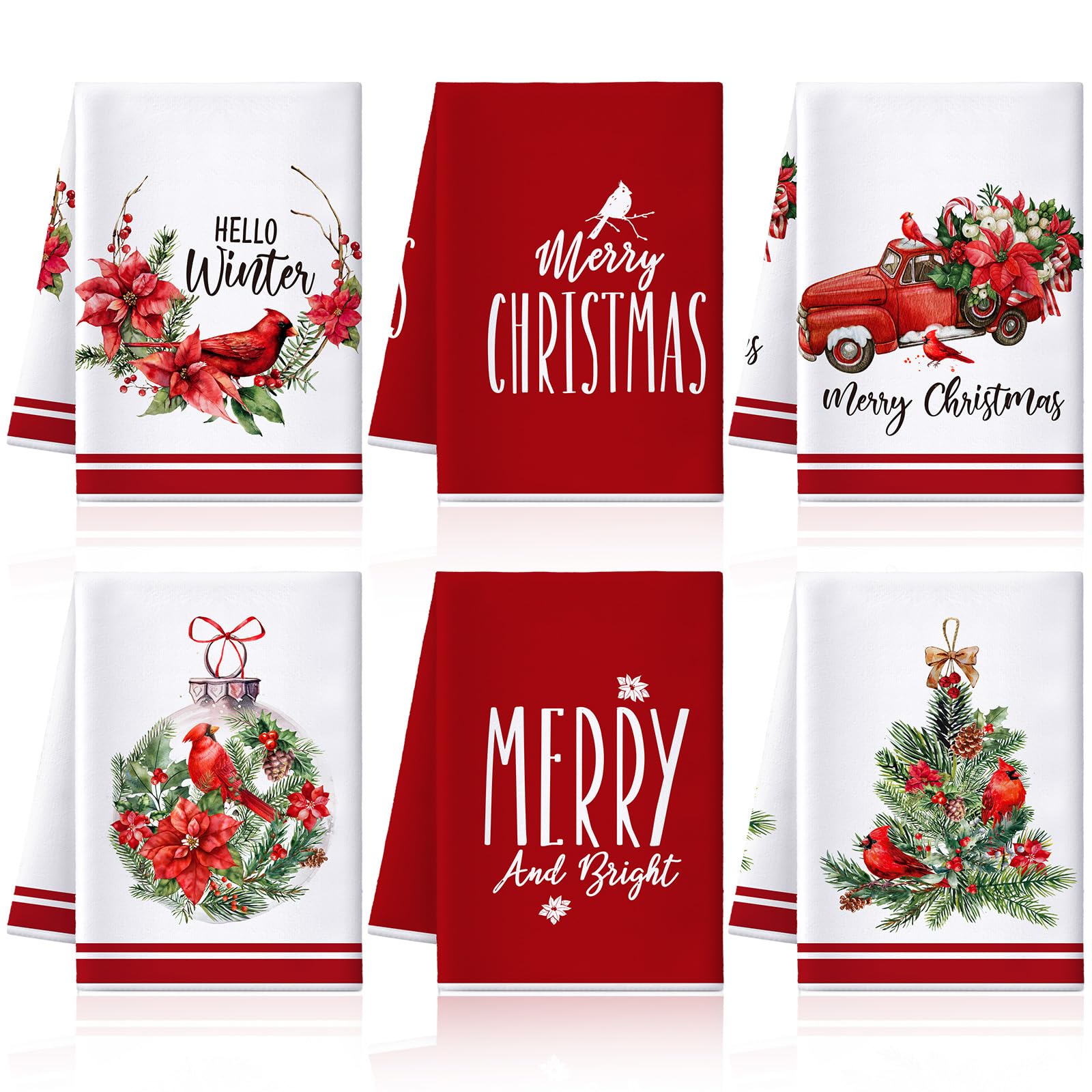 Photo 1 of **UNKNOWN MISSING PIECES*** Geyoga 6 Pcs Christmas Kitchen Towels Cardinal Xmas Dish Hand Towels Rustic Red Truck Absorbent Tea Dishcloths for Christmas Holiday Bathroom Kitchen Home Decor Housewarming Gifts, 16 x 24 Inch