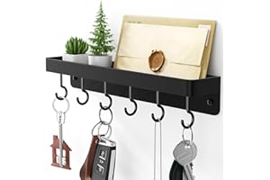 niffgaff Black Key Holder Wall Mount, Stainless Steel Self Adhesive Hooks Rack with Shelf, No Drill Key Hanger for Door and Wall