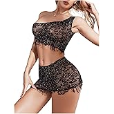 OYOANGLE Women's 2 Pieces Rhinestone One Shoulder Mesh Crop Top and Lace Print Bottom One Size Sets