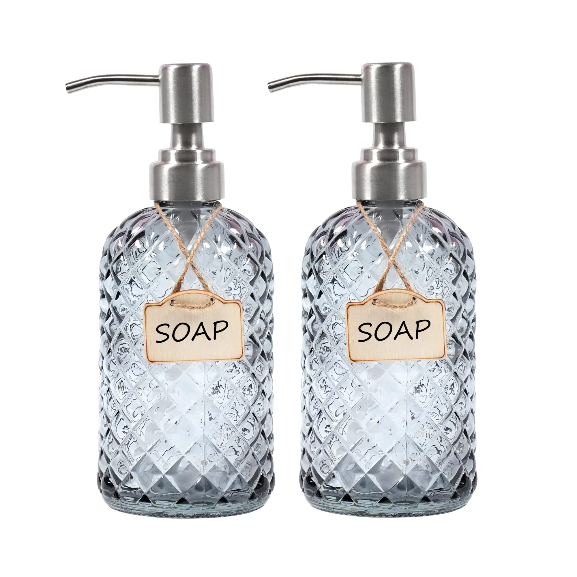 Funly mee Bathroom & Kitchen Glass Hand and Dish Soap Dispenser with 304 Rustproof Stainless Steel Pump (Grey-2pack)