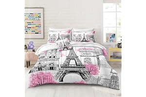 Bedbay Girls Teen Queen Bedding Set Paris Eiffel Tower Comforter Set 4 Pcs Pink Flowers Duvet Set Romantic French Style Quilt Bedding Set Lightweight Down Alternative Comforter(Paris,Queen)