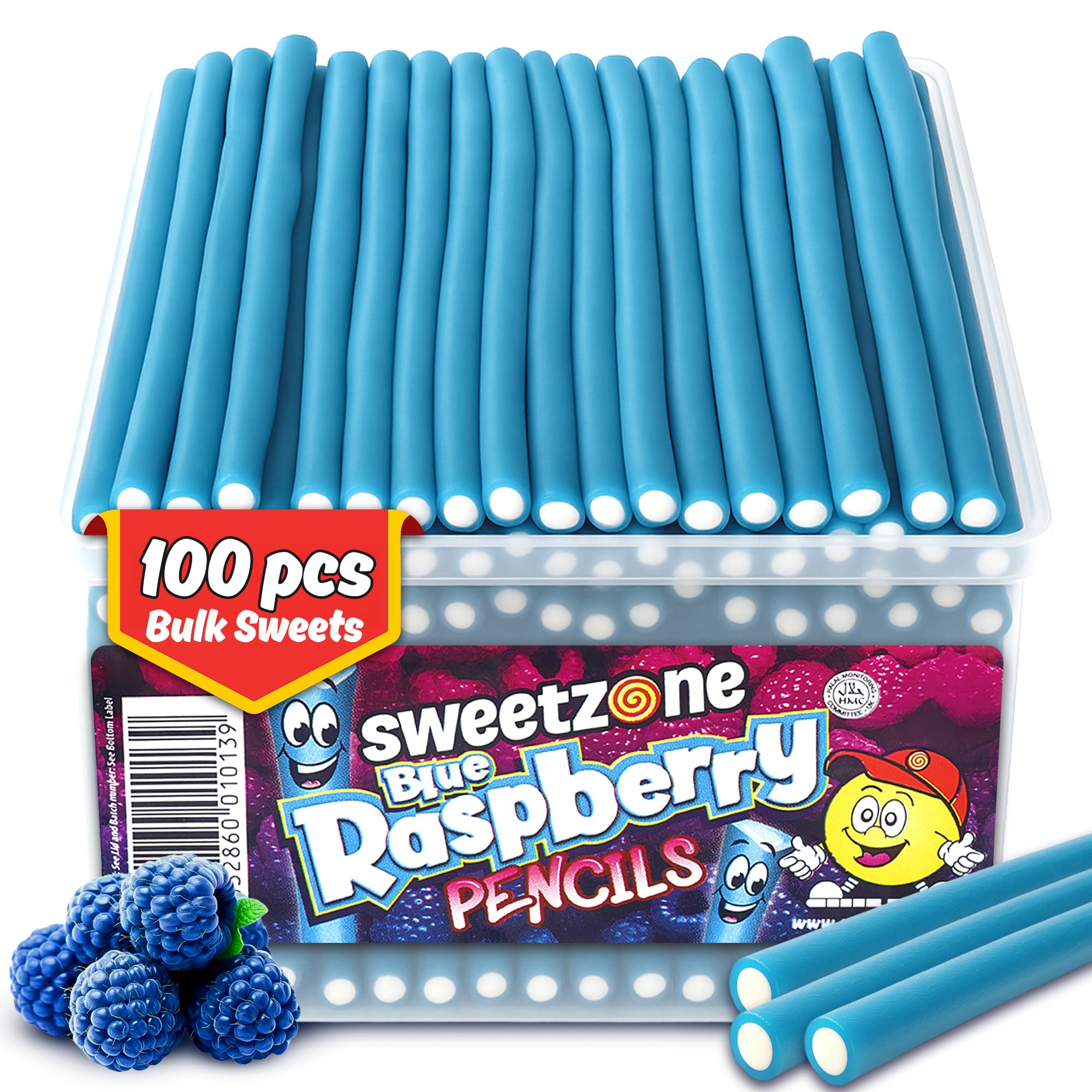 Sweetzone Blue Raspberry Pencils Tub, Pencil Sweets, 100 pc, Halal Sweet, Wine gums, American Gum, British Sweets, Sweet Pie, Licorice Liquorice Allsorts, Irresistible for Candy Lovers