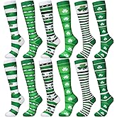 Panitay 12 Pairs St. Patrick's Day Shamrock Socks Irish Green and White Striped Knee Socks for Women Men Costume Party Gifts