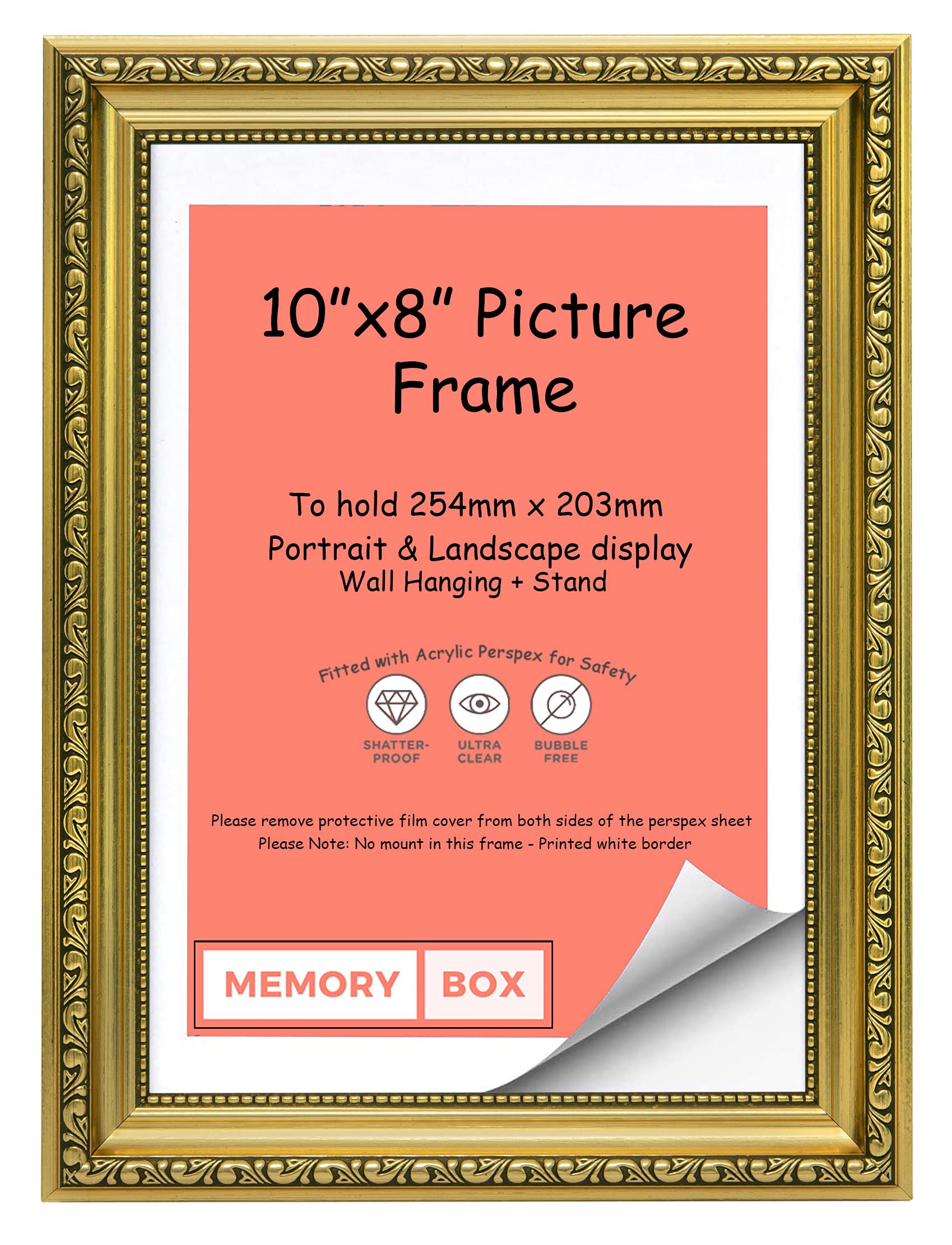 Memory Box Ornate Shabby Chic Picture/Photo/Poster frame with Real Glass - Moulding 33mm Wide and 27mm Deep - (25.4 x 20.3cm) Gold 10" x 8"