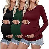 Ficerd 3 Pack Womens Maternity Shirts, Long Sleeve V-Neck T-Shirts Side Ruched Maternity Tunic Tops Casual Pregnancy Clothes