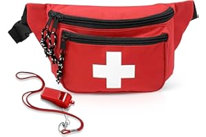 EMS XTRM Lifeguard Fanny Pack Red with Whistle Lanyard - Baywatch Style First Aid Hip Pack, Adjustable Strap, Cross Logo + Zipper Pouch, 1 Pack