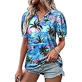Womens V Neck Hawaiian Shirts Puff Short Sleeve Floral Tropic Printed T-Shirt Summer Casual Trendy Boho Blouses Tops