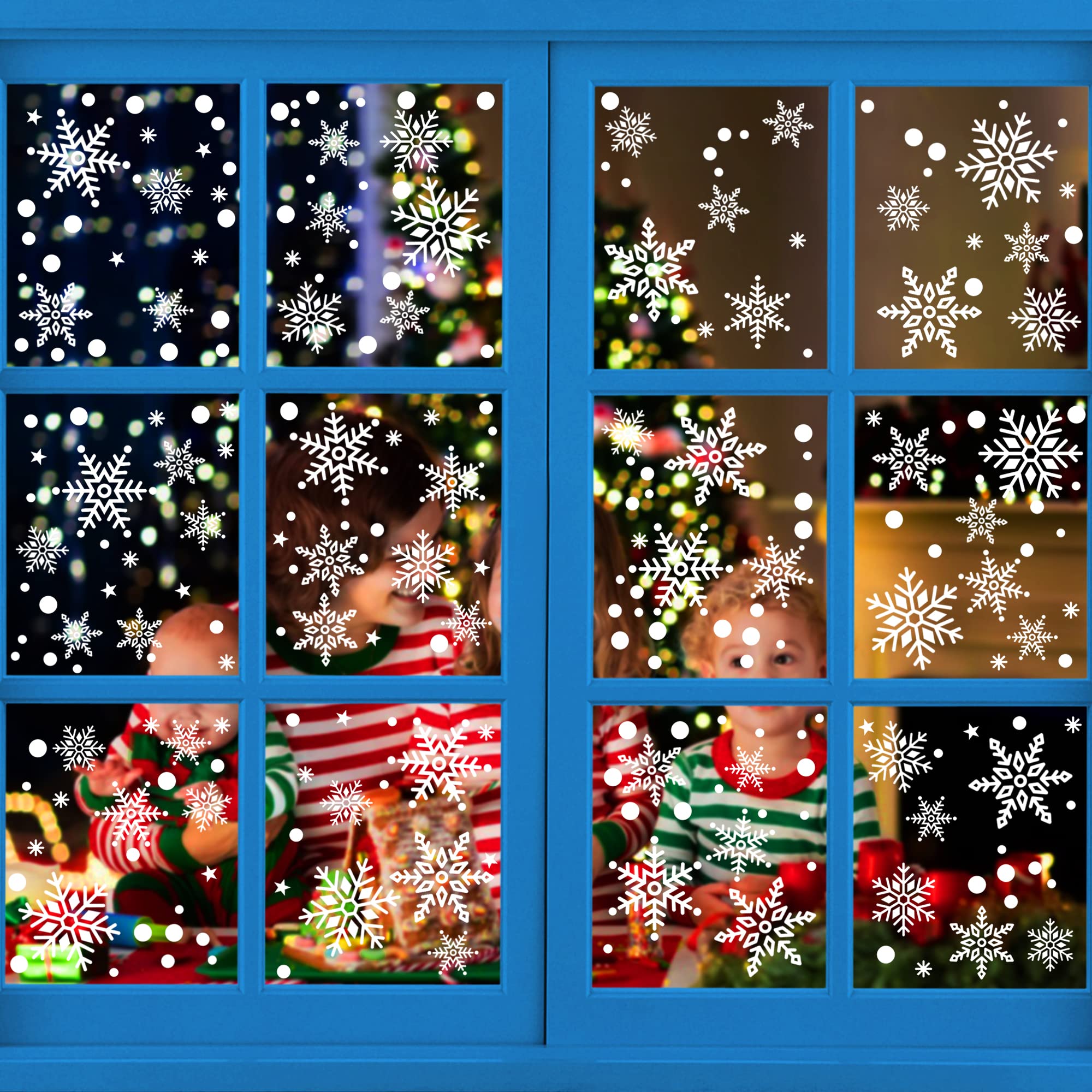 KEYIDO 255 PCS Christmas Snowflake Window Stickers, Static PVC Window Clings, White Snowflake Christmas Decorations, Reusable Window Snowflake Stickers for Christmas Window Display, Home Decor
