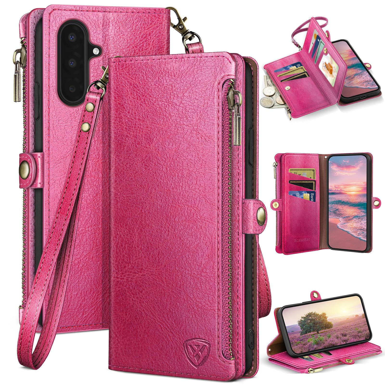 XcaseBar compatible with ‌Samsung Galaxy A17 5G Wallet case with Zipper Credit Card Holder【RFID Blocking】,Flip Folio Book PU Leather Phone case Shockproof Cover Women Men for Samsung A17 case Rose Red