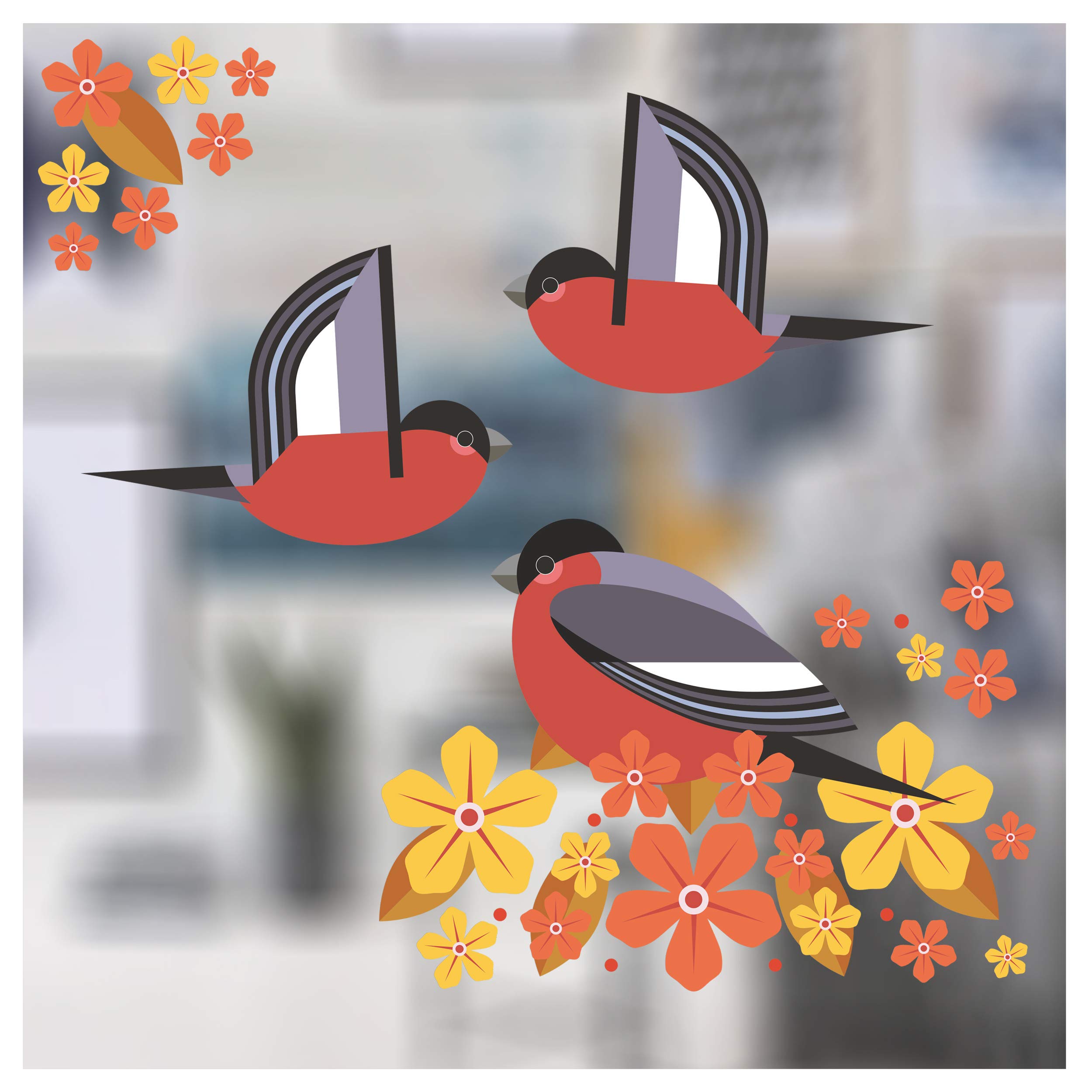 I Like Birds - Birds & Blooms Bullfinch Window Stickers - Set of 3 Decorative Glass Static Clings