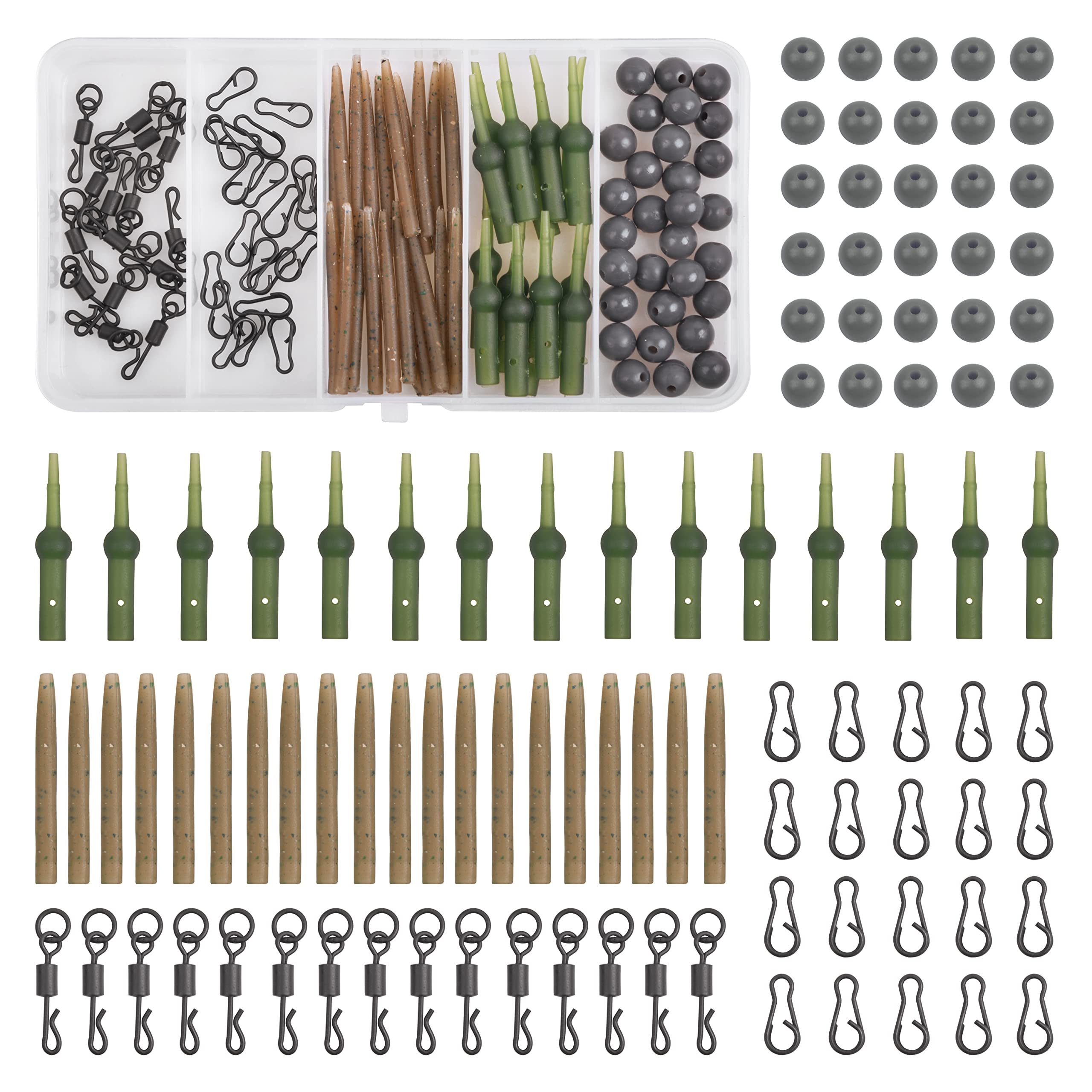 Carp Fishing Helicopter Rig Accessories Kit Anti Tangle Sleeve Chod Running Rig Quick Change Swivels Clips Beads Fishing Gear Terminal Tackle Box (100pcs-A)