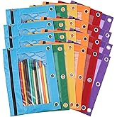 24 Pack Pencil Pouch for 3-Rings Binder, 3-Holes Zipper Pencil Pouches in Assorted Colors, Sturdy and Resuable Cloth Holder with Clear Window for Office Supplies