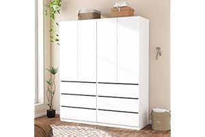Mhsatyrs Armoire Wardrobe Closet with Drawers：75" Large White Wardrobe Closet Cabinet with 4 Doors for Hanging Clothes, Modern Wooden Bedroom Armoires with 6 Drawers and Storage (B+B, 63")
