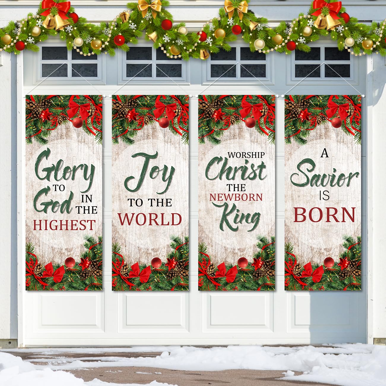 Photo 1 of Christmas Decorations 4 PCS Christmas Jesus Religious Hanging Banner Christian Church Door Garage Banner Joy to the World Jesus Religious Front Porch Decor for Home Wall Xmas Holiday Party Decorations Indoor Outdoor