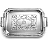 Rtteri 1 Pcs Silver Serving Tray with Handles Rectangle Stainless Steel | Metal Plate 16.1 x 11.4 Mirror Tray, Cake Desserts Fruit Snacks, Coffee Table Ottoman Decor, Ornate Engraved Design Platter