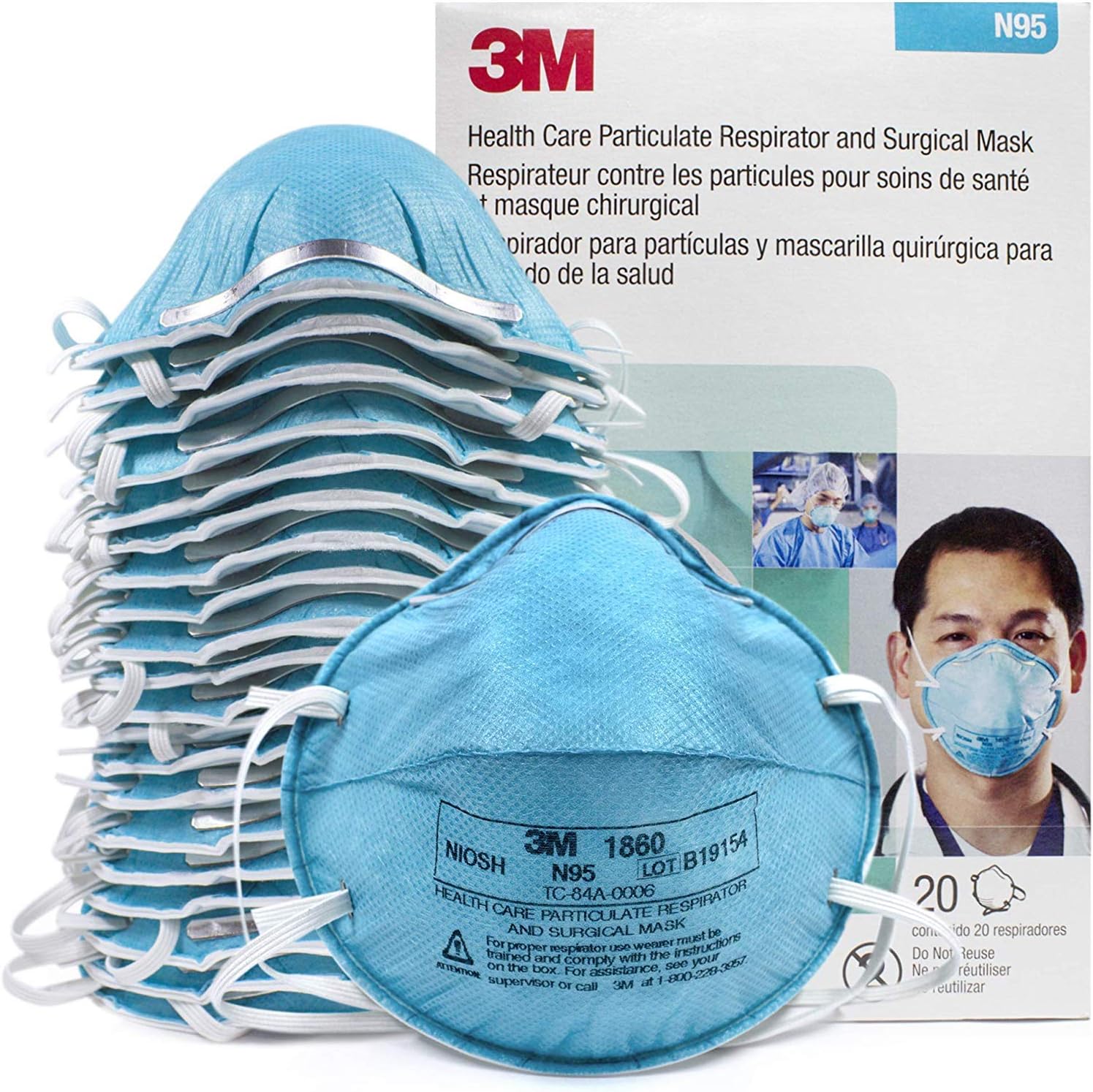 3M 1860 N95 Health Care Particulate Cup Respirator and Surgical Mask, Standard, 120 MASKS (6 Boxes of 20)