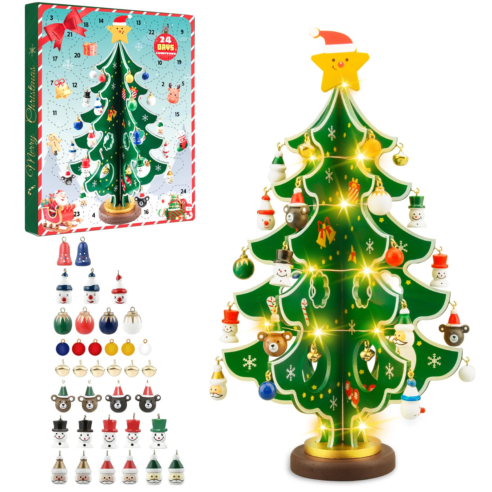 Dalugo Advent Calendar 2025, 24 Days Countdown Advent Calendar Wooden Christmas Tree with Lights and 36 Mini Ornaments for Christmas Tabletop Decoration Party Favors Gift