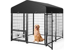 Sino Luban Outdoor Dog Kennel Outside Run with Doggy Door, Swivel Feeder&Roof - 5x5x5FT Large Dog Kennels Pens Outside for Medium/Large Dogs - Heavy Duty Cage Yard (Can Connect to Your Dog House)