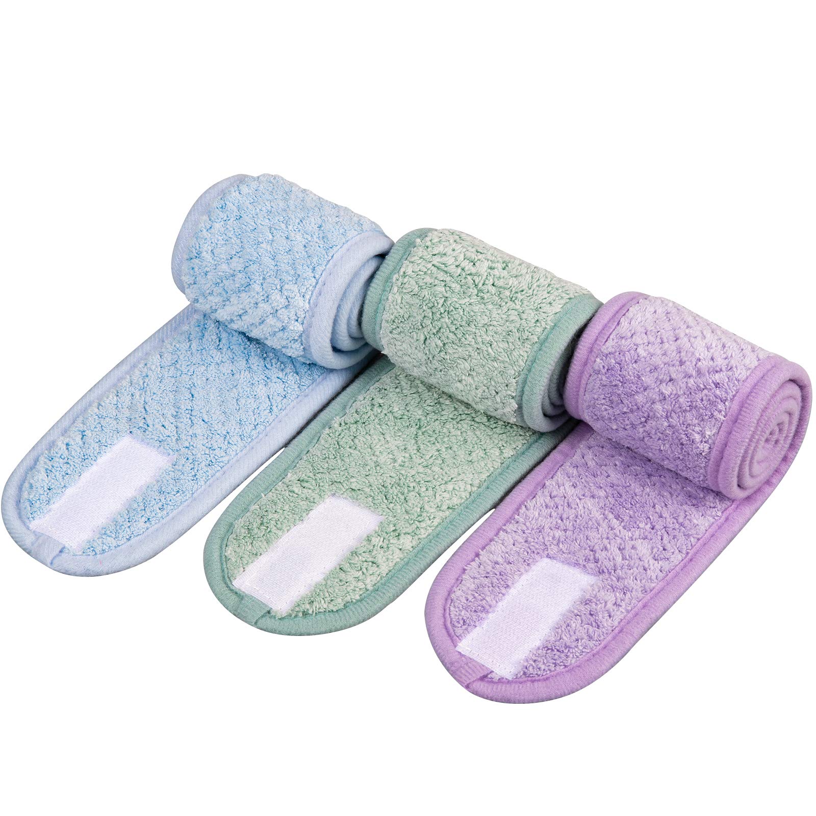 Whaline 3 Pack Spa Facial Headband Super Absorption Makeup Hair Wrap Adjustable Coral Fleece Hair Band Soft Towel Head Band for Face Washing Shower Sports Yoga, (Baby Blue, Purple, Green)