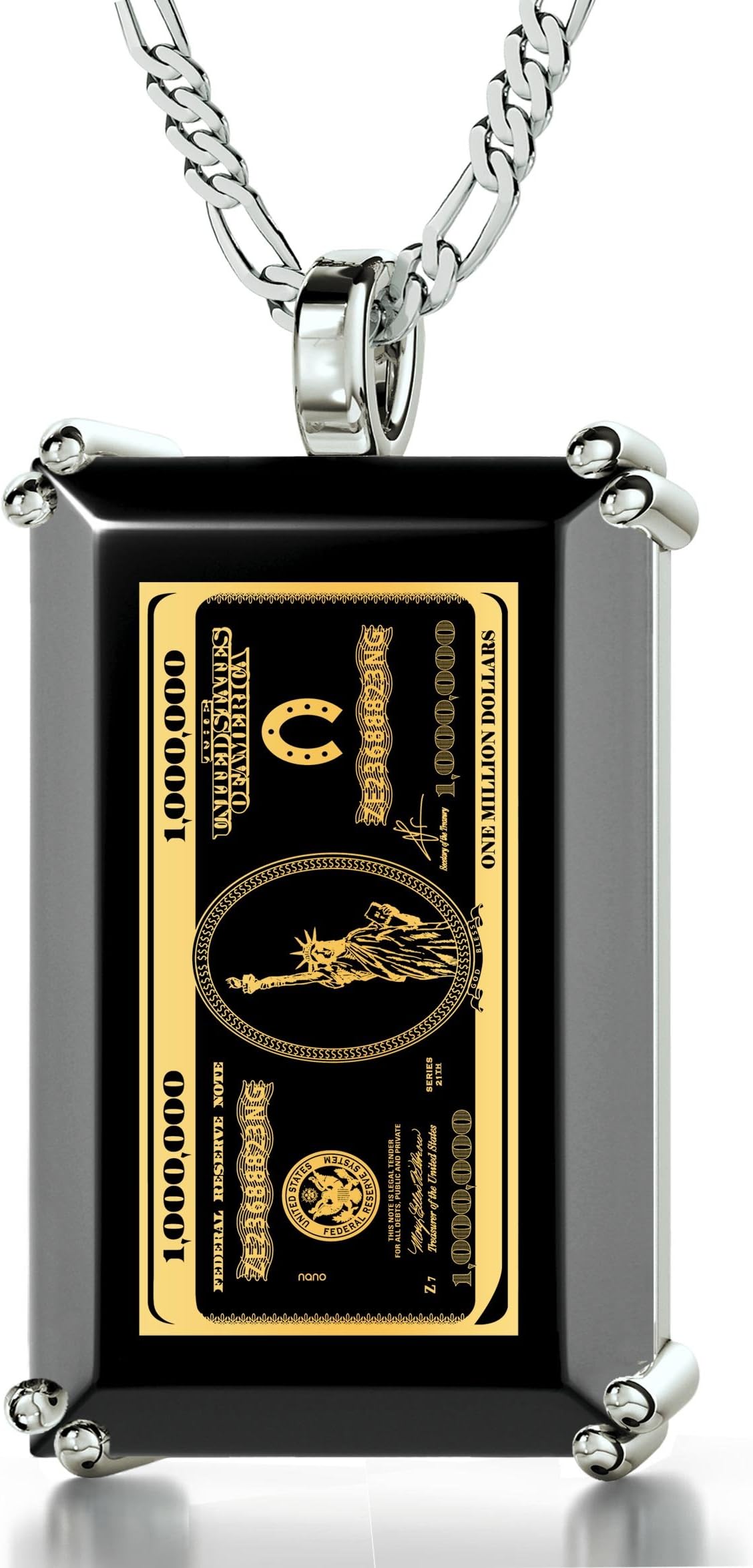 Men's Money Necklace Inscribed with $1,000,000 Bill in 24k Gold onto a Black Onyx Pendant, 20" Chain - NanoStyle Jewelry