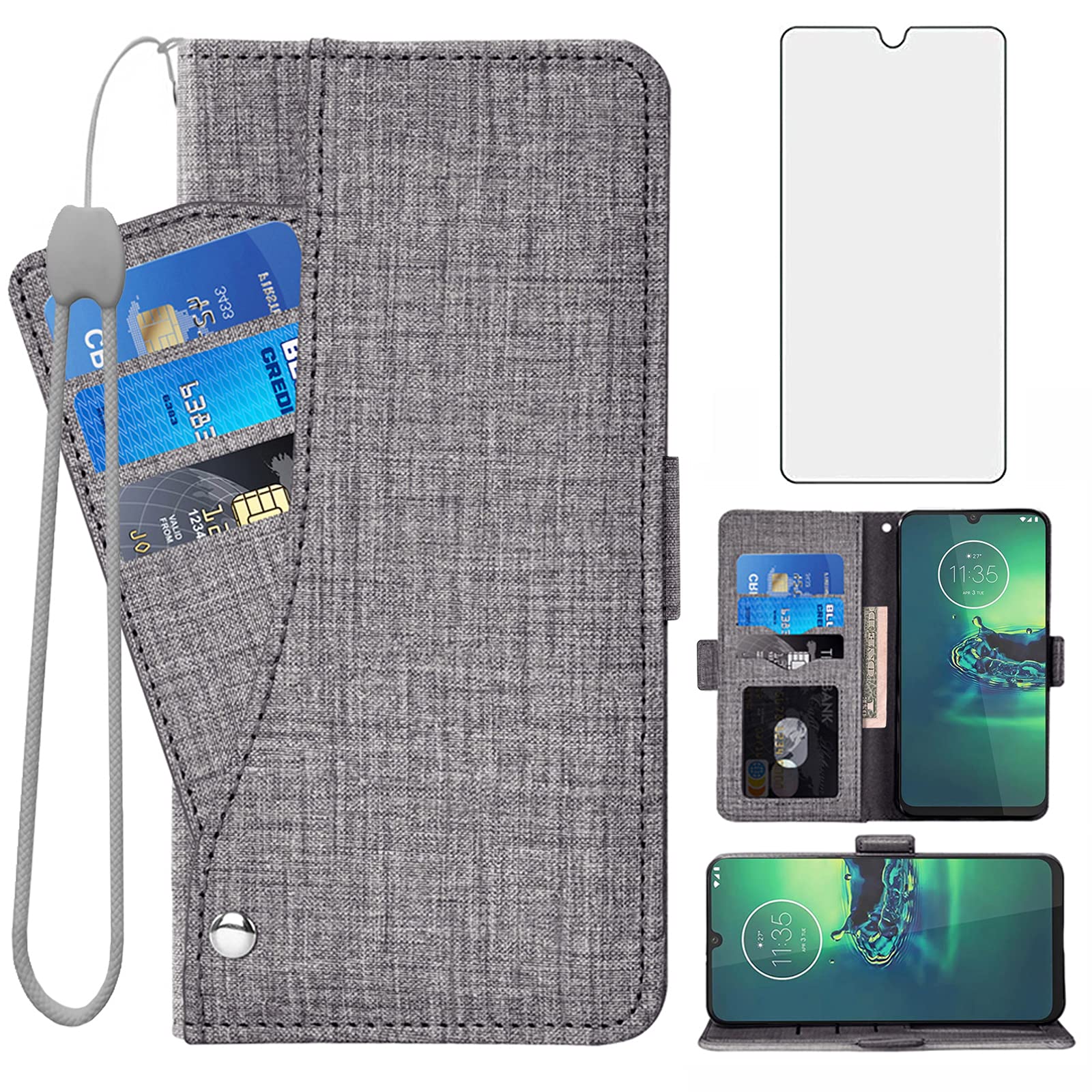 Asuwish Compatible with Moto G8 Plus Wallet Case and Tempered Glass Screen Protector Leather Flip Cover Card Holder Cell Phone Cases for MotoG8Plus Moto8plus Motorola 8G G 8 + G8+ G8Plus Women Black