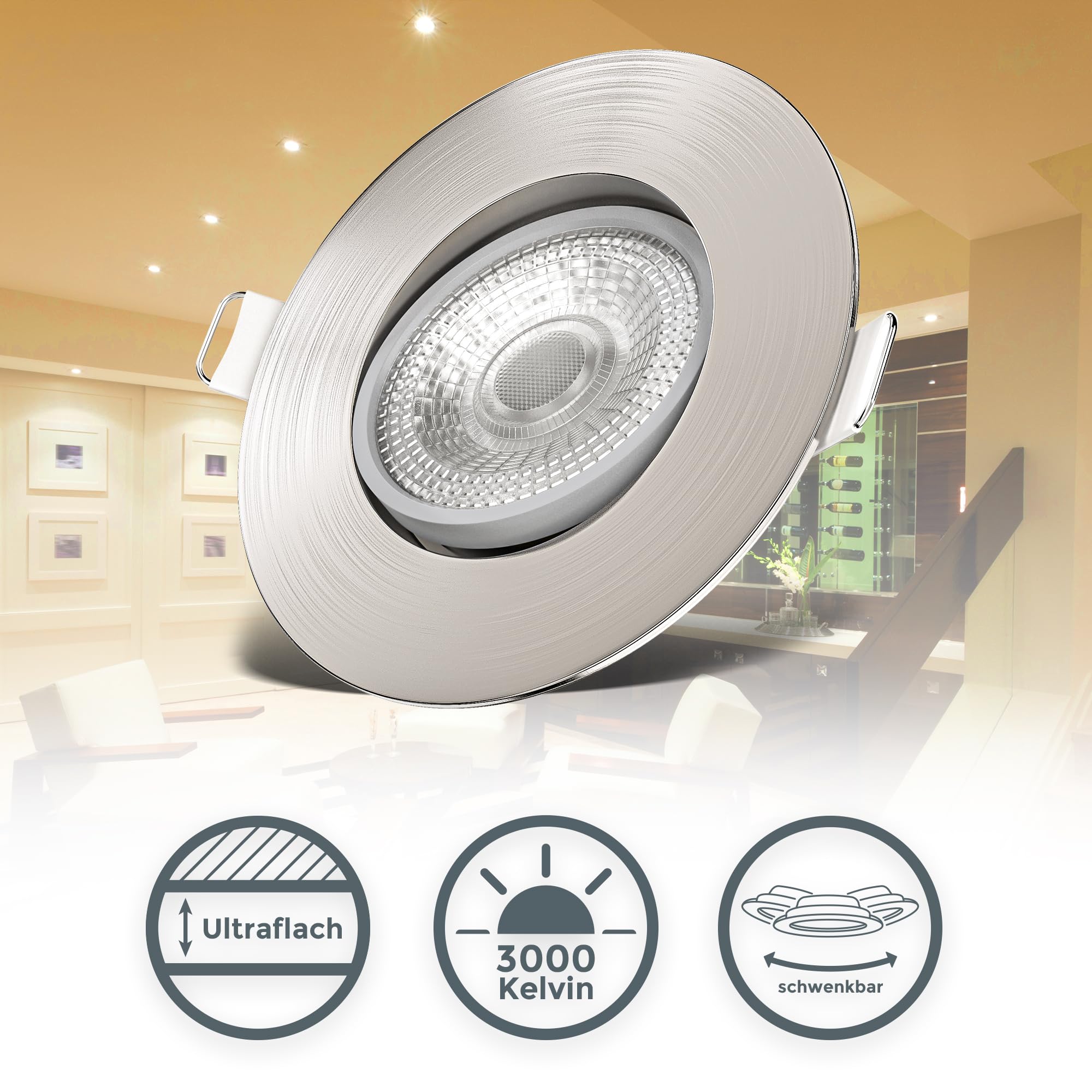 B.K.Licht - 6er Set LED Einbaustrahler 230V schwenkbar, flach, warmweiß, LED Spot, Deckenspots, Spots, Einbauleuchten, Einbauspots, Deckenstrahler, 68mm Lochmass, 90x24 mm, Matt-Nickel 3