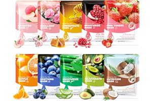 10PCS Plant Fruit Sheet Face Masks Set,Moisturizing Facial Sheet Masks,Hydrating Face Masks Sheet Masks Set,Non-greasy Overni