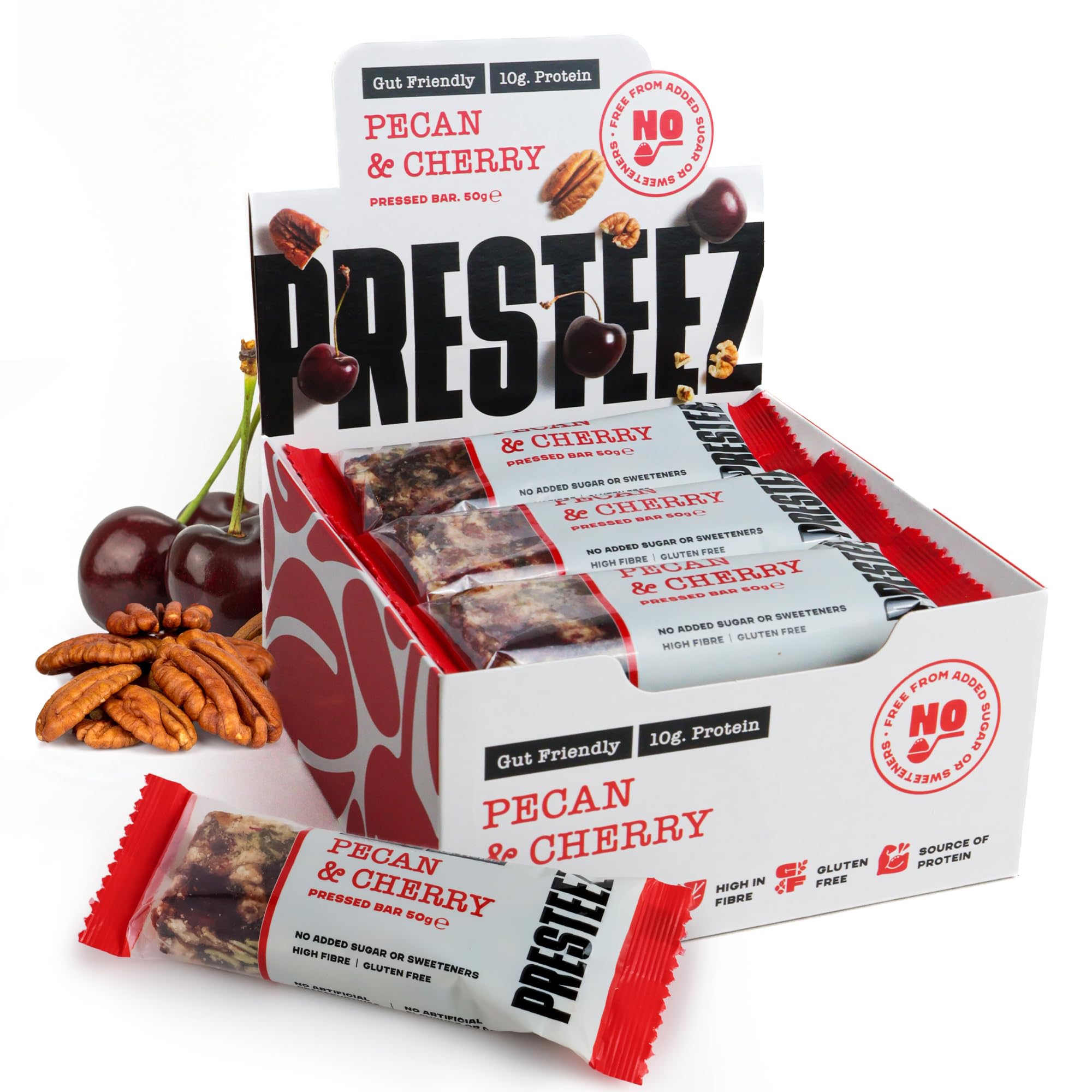 Presteez Pecan & Cherry Gut Friendly 50g Energy Bars - No Added Sugar or Sweeteners, Gluten Free, High Fibre, Protein Enhanced Healthy Snacks with Prebiotics, Fibre & Vitamin C, 10g Protein, 12 Pack