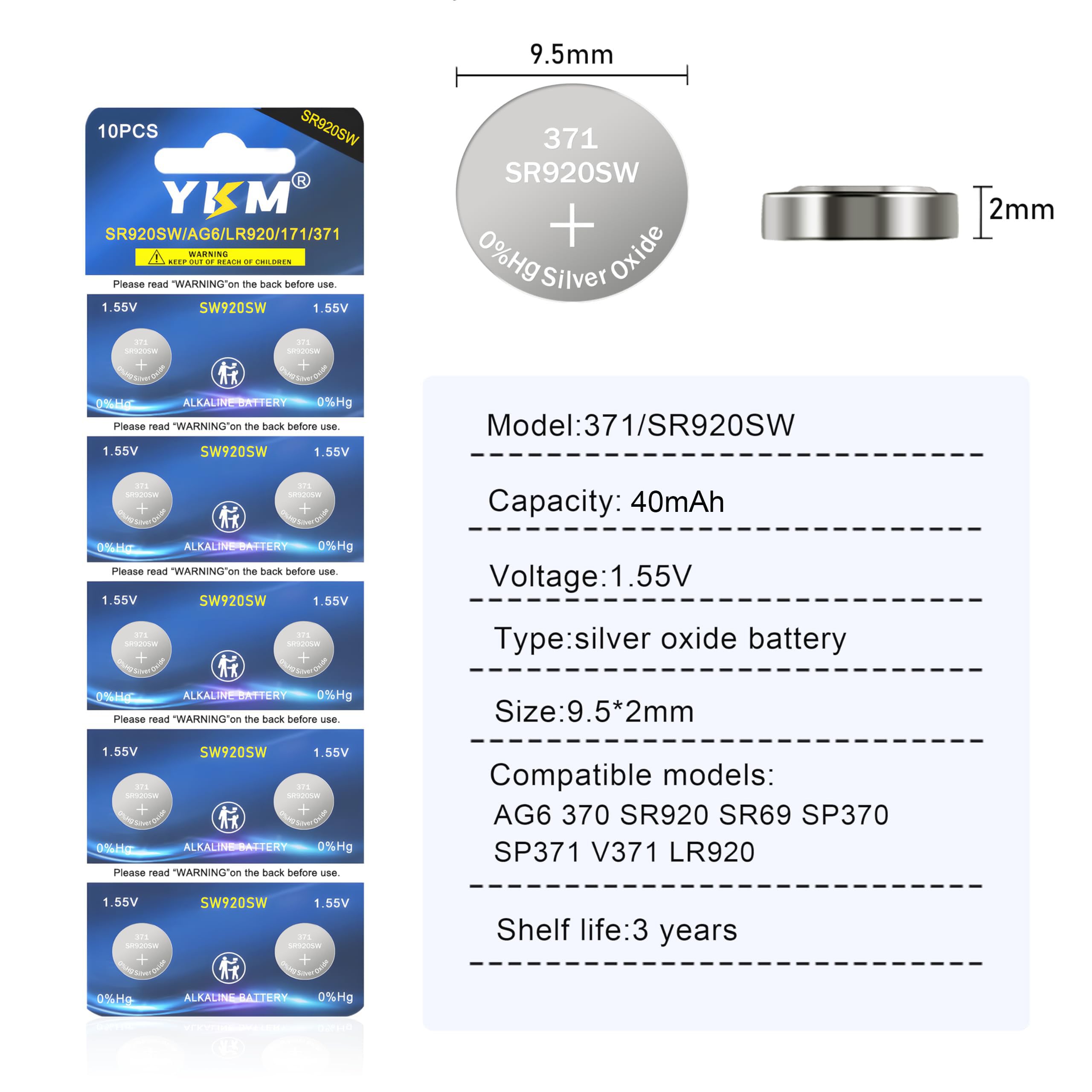 YKM 371 SR920SW Battery AG6 370 371 V371 1.55V Silver Oxide Batteries Replacement for Watch Button Coin Battery 20 Pack